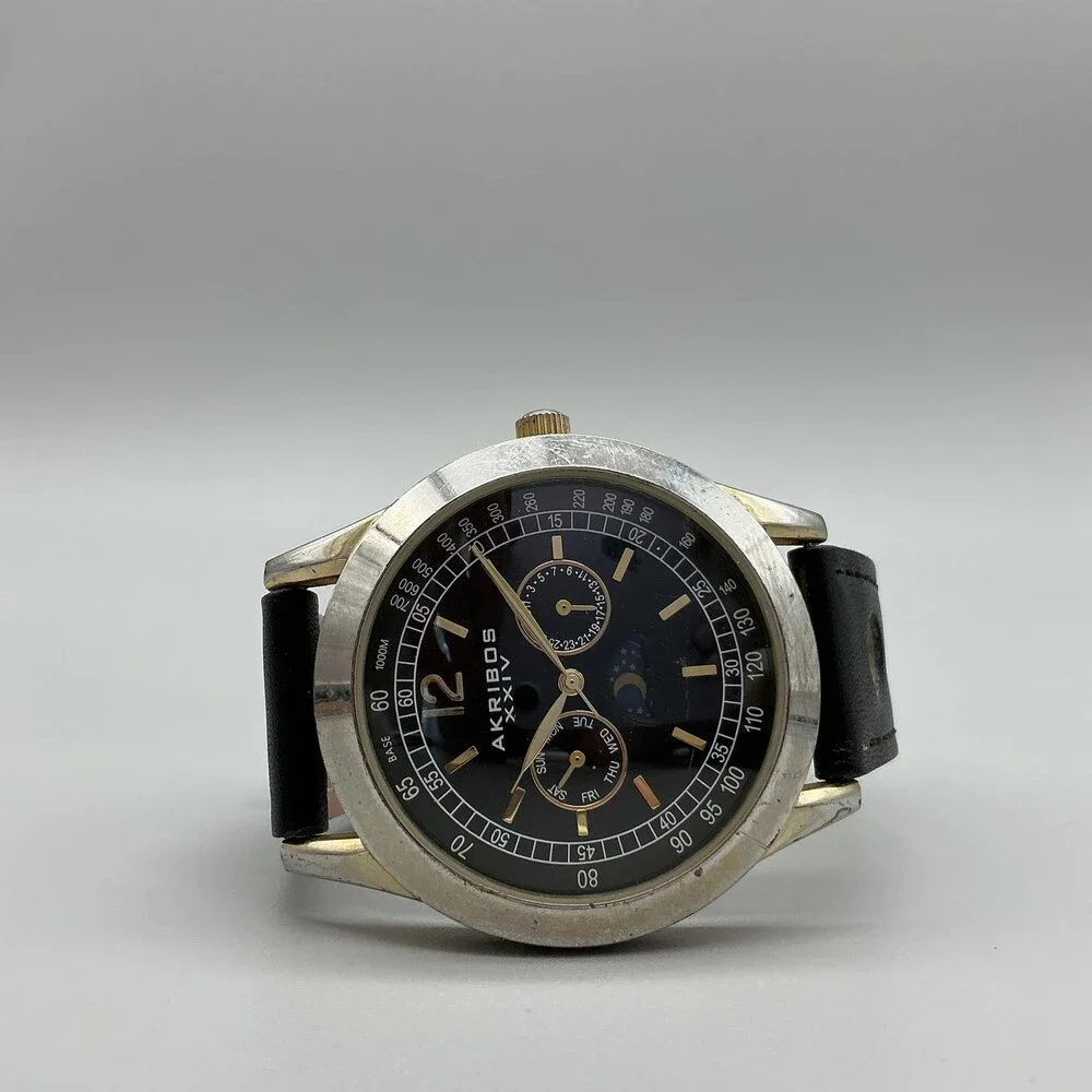 Akribos XXIV AK666XYGB Mens Watch 43mm Moon Phase Leather New Battery